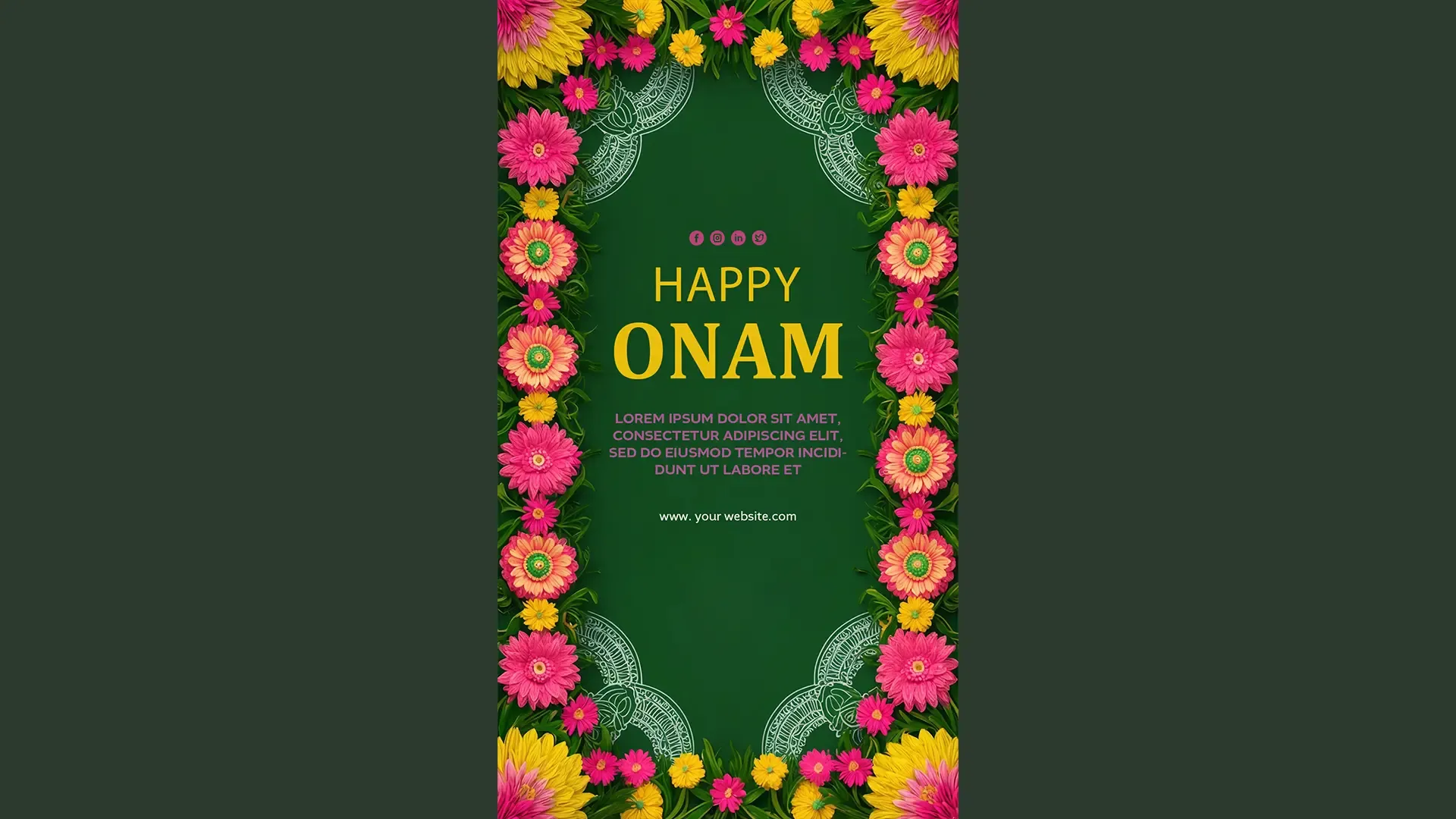 Green-Themed Happy Onam Wishes Instagram Story with Bright Flowers